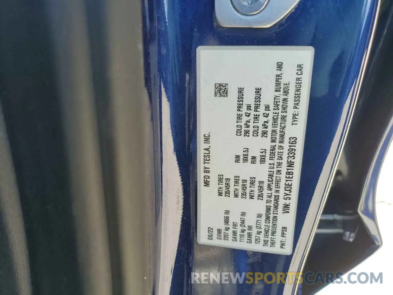 13 Photograph of a damaged car 5YJ3E1EB1NF339163 TESLA MODEL 3 2022