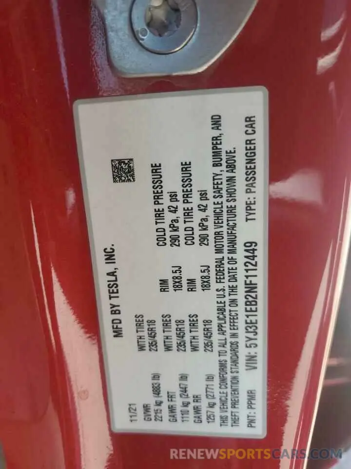 12 Photograph of a damaged car 5YJ3E1EB2NF112449 TESLA MODEL 3 2022