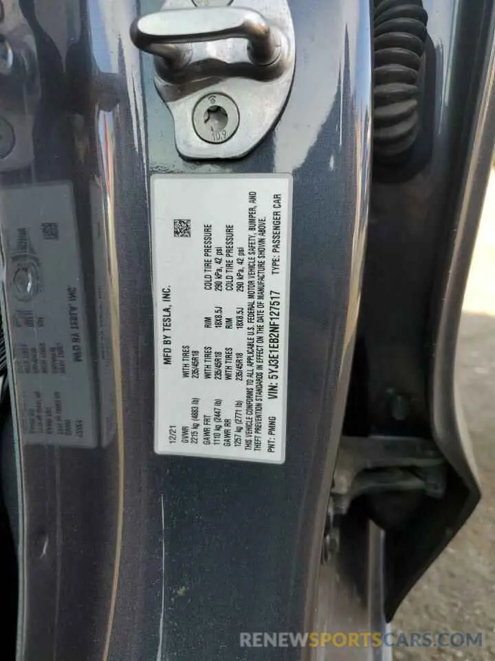 13 Photograph of a damaged car 5YJ3E1EB2NF127517 TESLA MODEL 3 2022