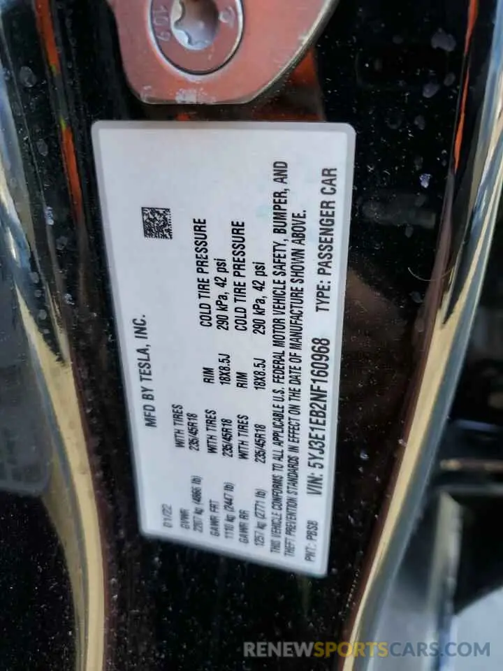 12 Photograph of a damaged car 5YJ3E1EB2NF160968 TESLA MODEL 3 2022