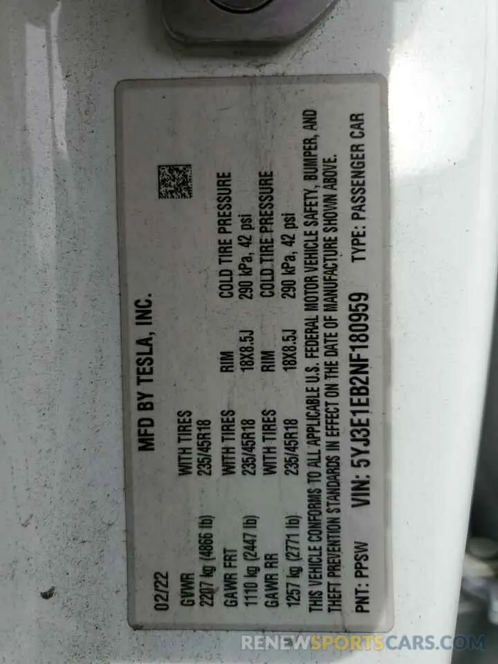 14 Photograph of a damaged car 5YJ3E1EB2NF180959 TESLA MODEL 3 2022