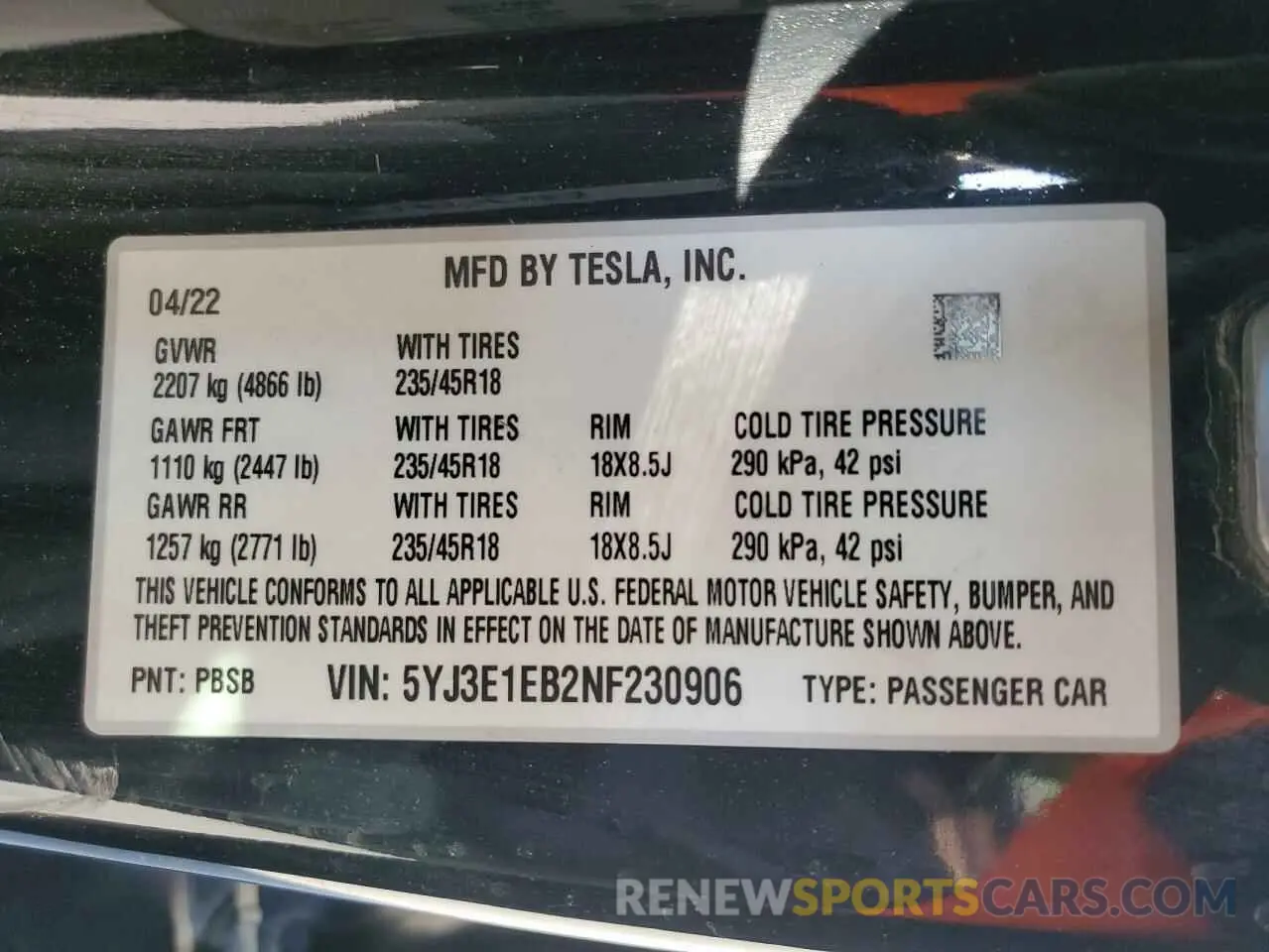 13 Photograph of a damaged car 5YJ3E1EB2NF230906 TESLA MODEL 3 2022