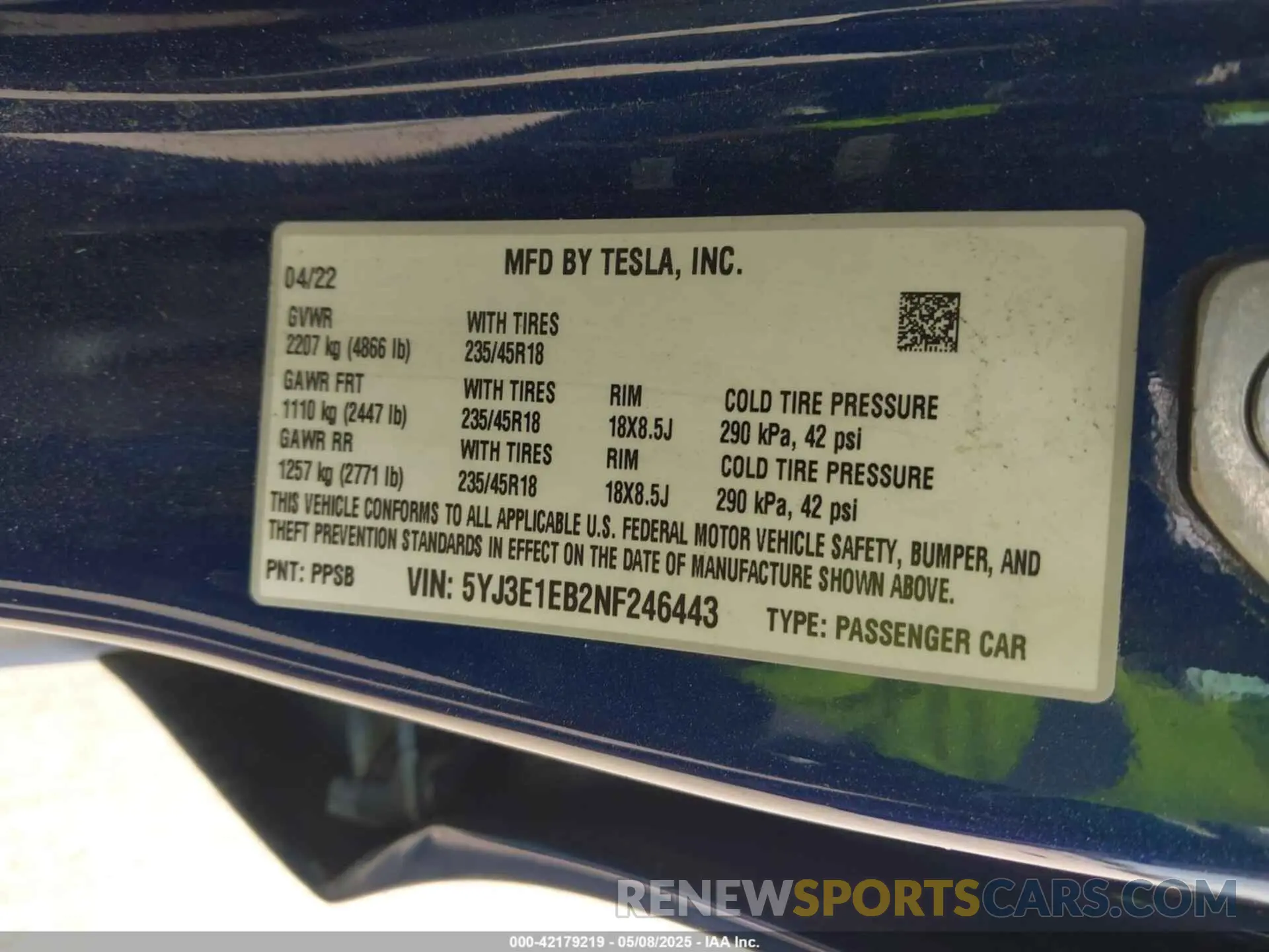 9 Photograph of a damaged car 5YJ3E1EB2NF246443 TESLA MODEL 3 2022