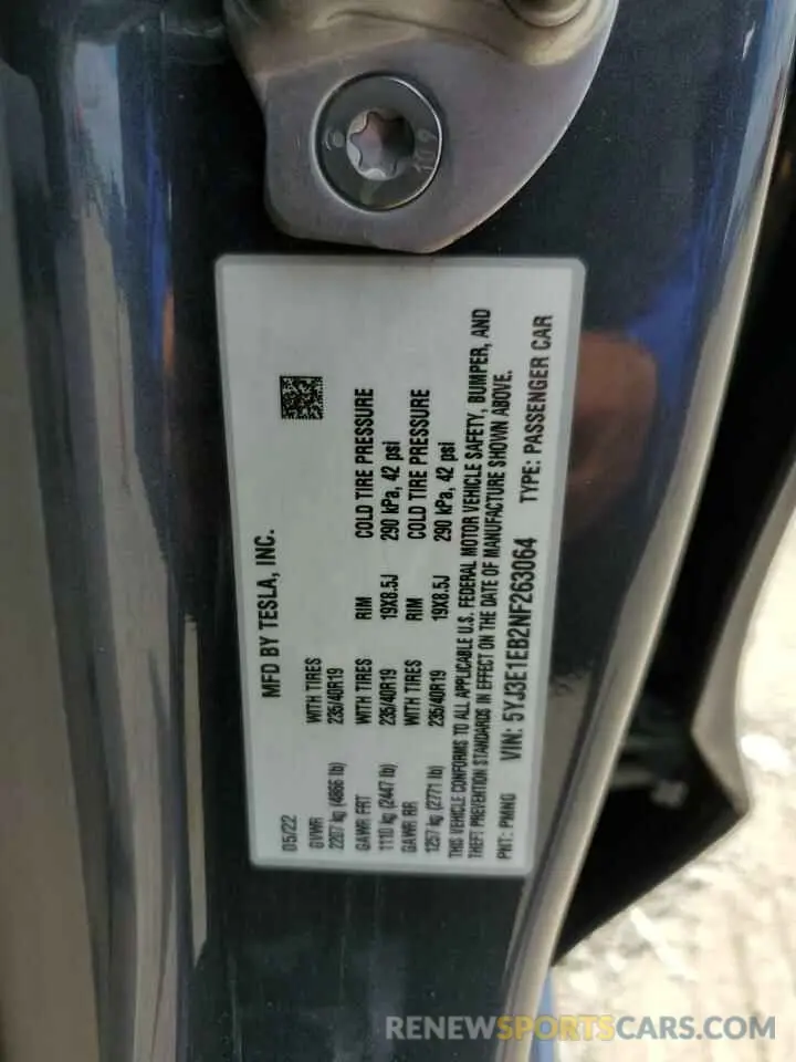 15 Photograph of a damaged car 5YJ3E1EB2NF263064 TESLA MODEL 3 2022