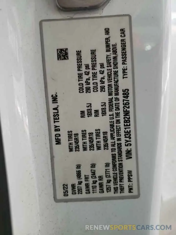 12 Photograph of a damaged car 5YJ3E1EB2NF267485 TESLA MODEL 3 2022