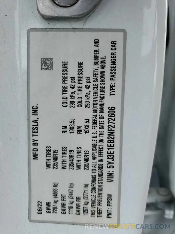 13 Photograph of a damaged car 5YJ3E1EB2NF272606 TESLA MODEL 3 2022