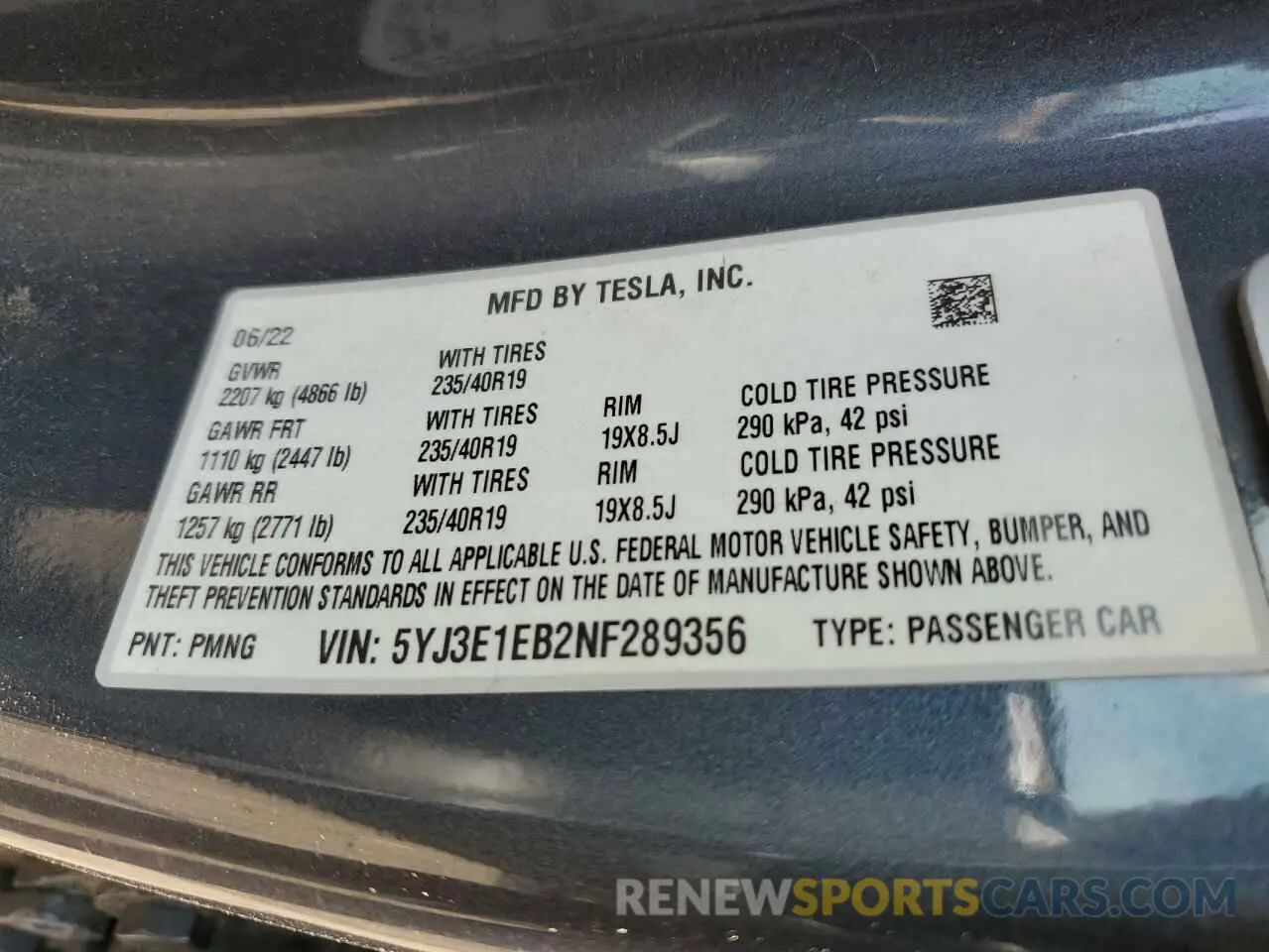 12 Photograph of a damaged car 5YJ3E1EB2NF289356 TESLA MODEL 3 2022