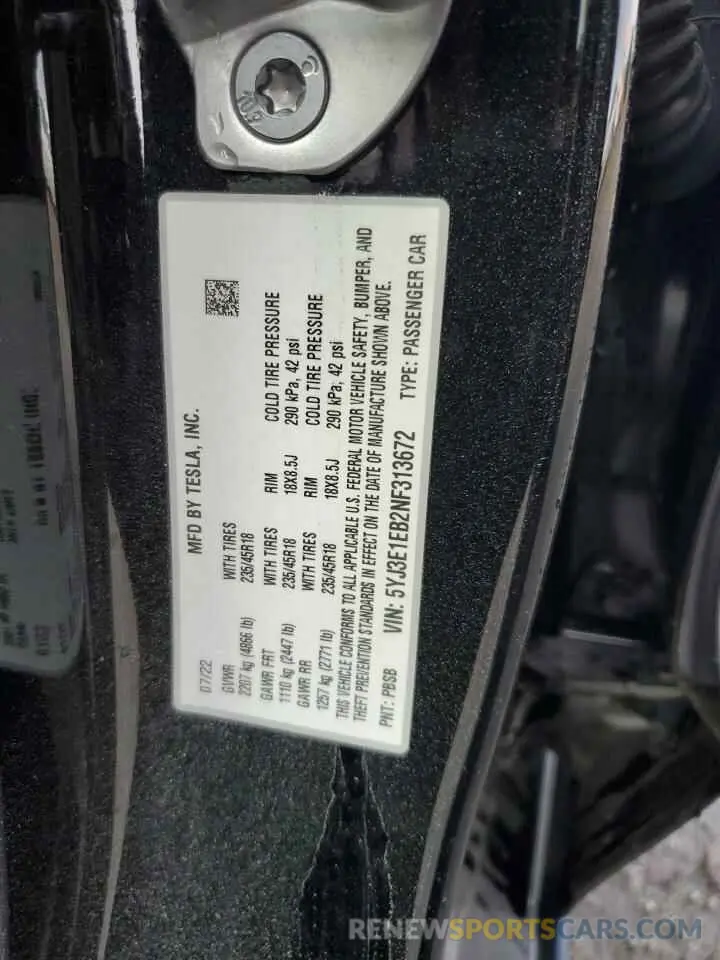 14 Photograph of a damaged car 5YJ3E1EB2NF313672 TESLA MODEL 3 2022