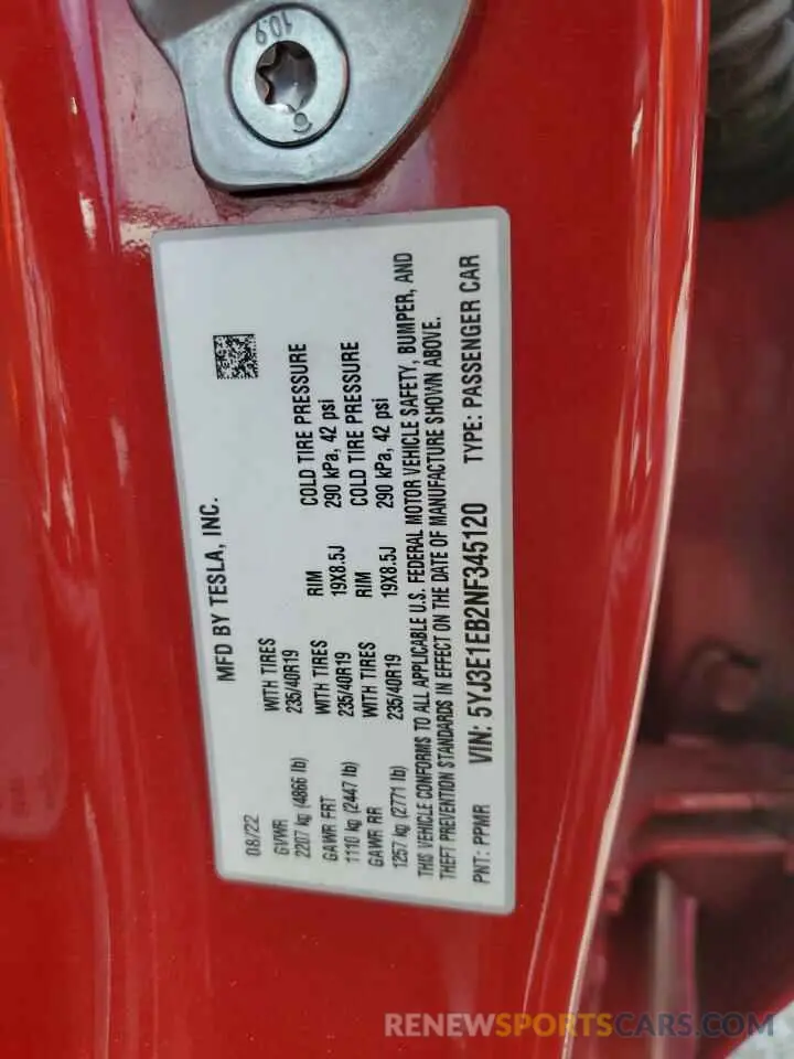 12 Photograph of a damaged car 5YJ3E1EB2NF345120 TESLA MODEL 3 2022