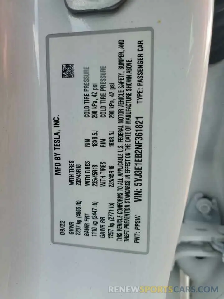 12 Photograph of a damaged car 5YJ3E1EB2NF361821 TESLA MODEL 3 2022