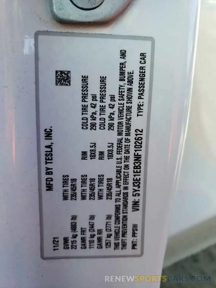 13 Photograph of a damaged car 5YJ3E1EB3NF102612 TESLA MODEL 3 2022
