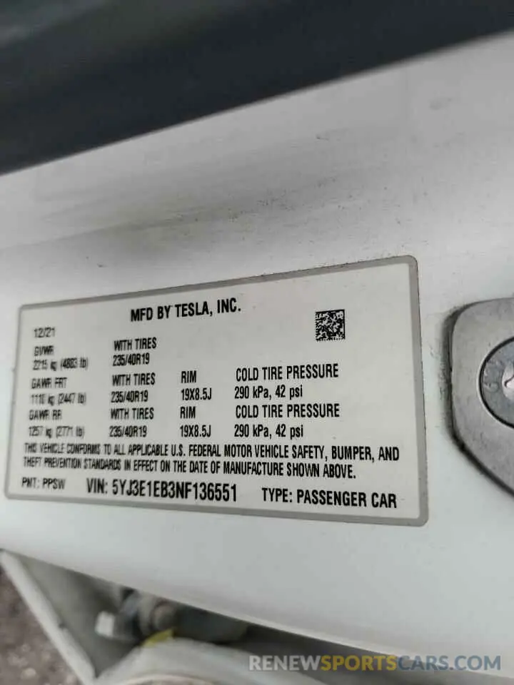 14 Photograph of a damaged car 5YJ3E1EB3NF136551 TESLA MODEL 3 2022