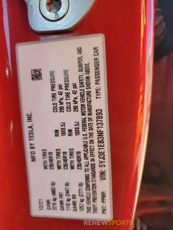 13 Photograph of a damaged car 5YJ3E1EB3NF137893 TESLA MODEL 3 2022