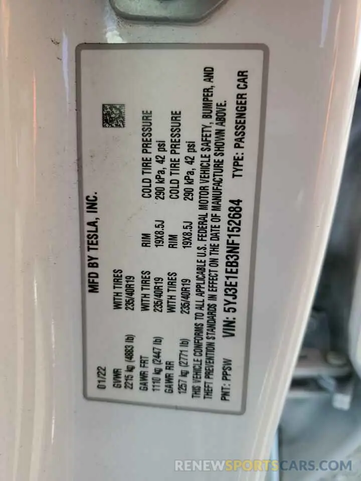 14 Photograph of a damaged car 5YJ3E1EB3NF152684 TESLA MODEL 3 2022