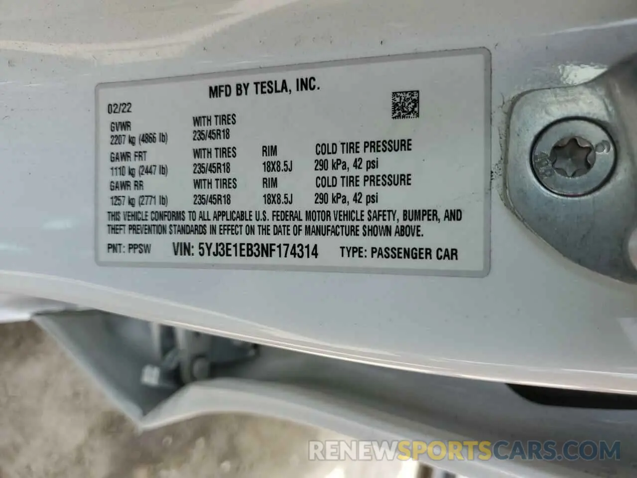 15 Photograph of a damaged car 5YJ3E1EB3NF174314 TESLA MODEL 3 2022