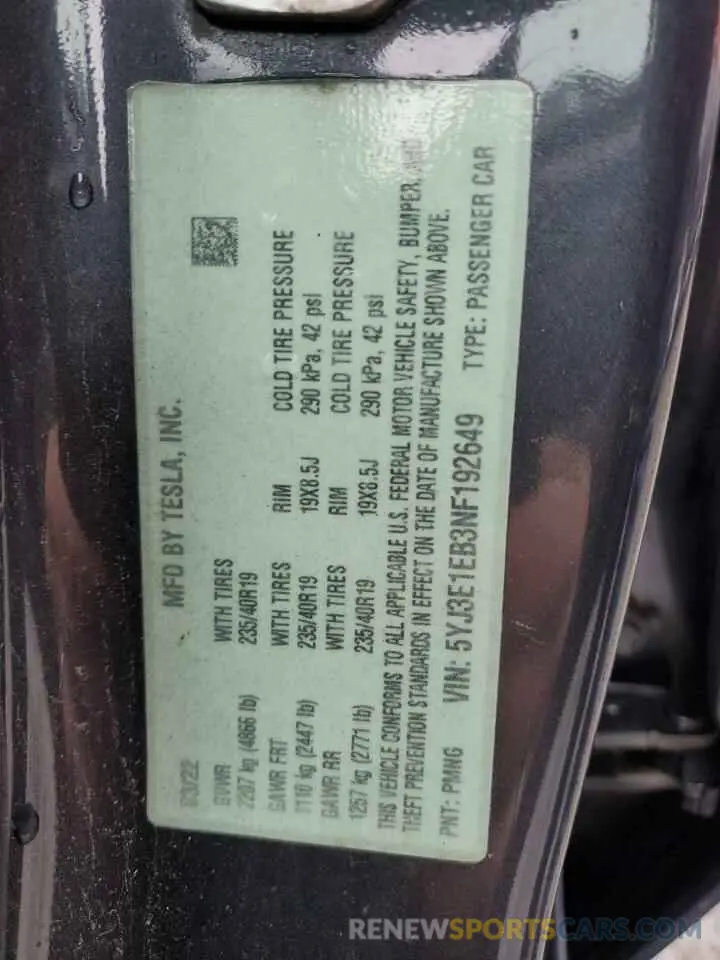 13 Photograph of a damaged car 5YJ3E1EB3NF192649 TESLA MODEL 3 2022