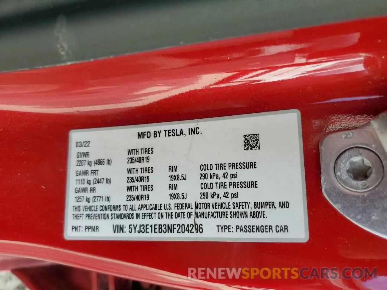 12 Photograph of a damaged car 5YJ3E1EB3NF204296 TESLA MODEL 3 2022
