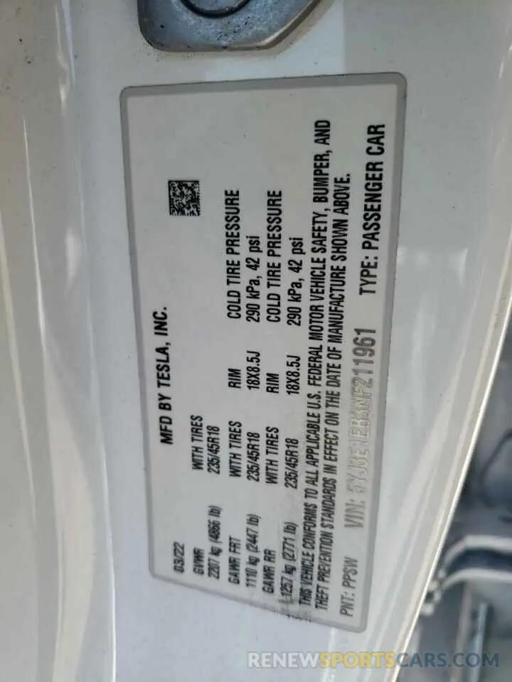 12 Photograph of a damaged car 5YJ3E1EB3NF211961 TESLA MODEL 3 2022