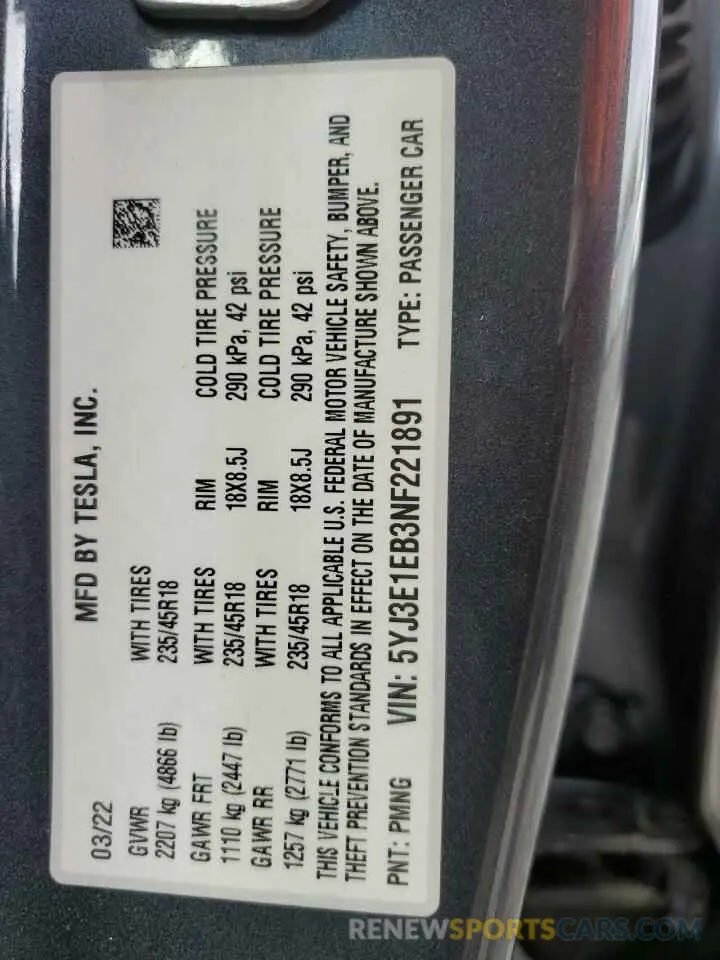 12 Photograph of a damaged car 5YJ3E1EB3NF221891 TESLA MODEL 3 2022