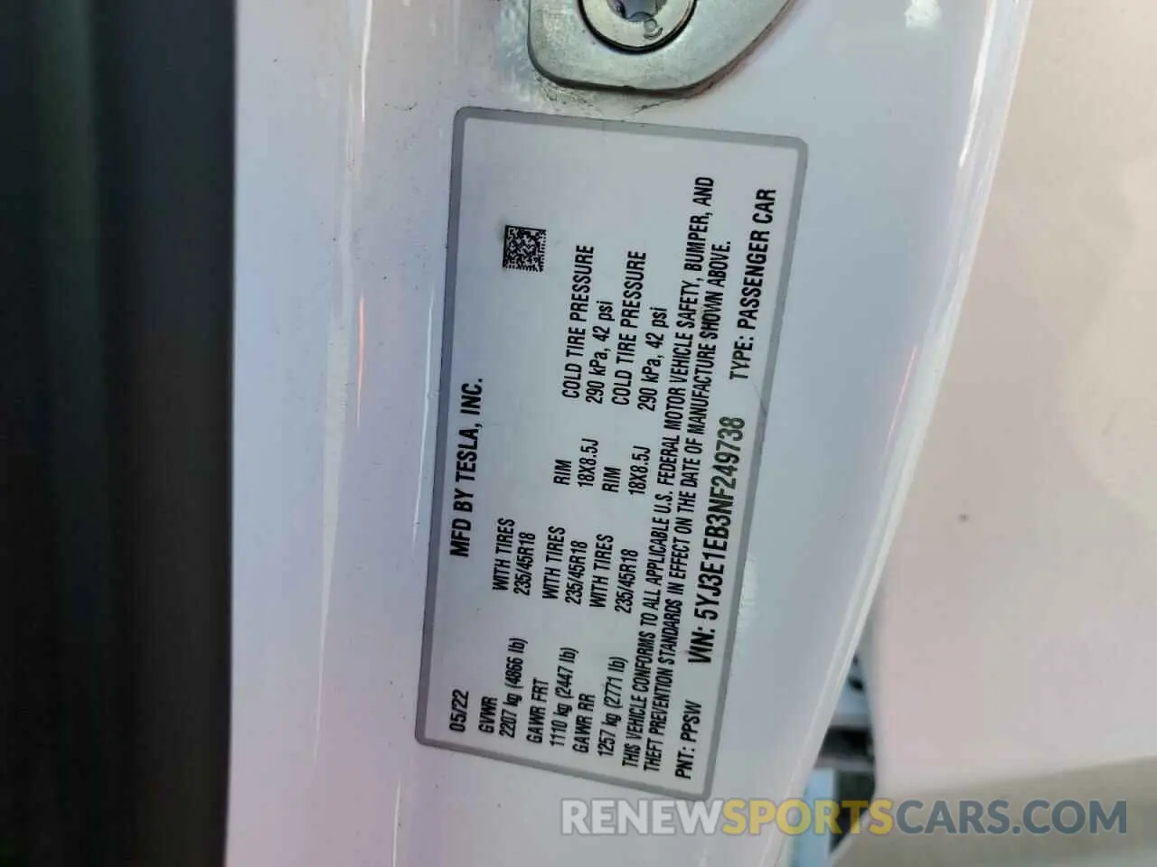 15 Photograph of a damaged car 5YJ3E1EB3NF249738 TESLA MODEL 3 2022