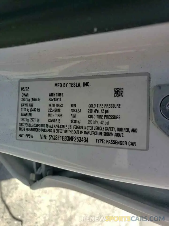 12 Photograph of a damaged car 5YJ3E1EB3NF253434 TESLA MODEL 3 2022
