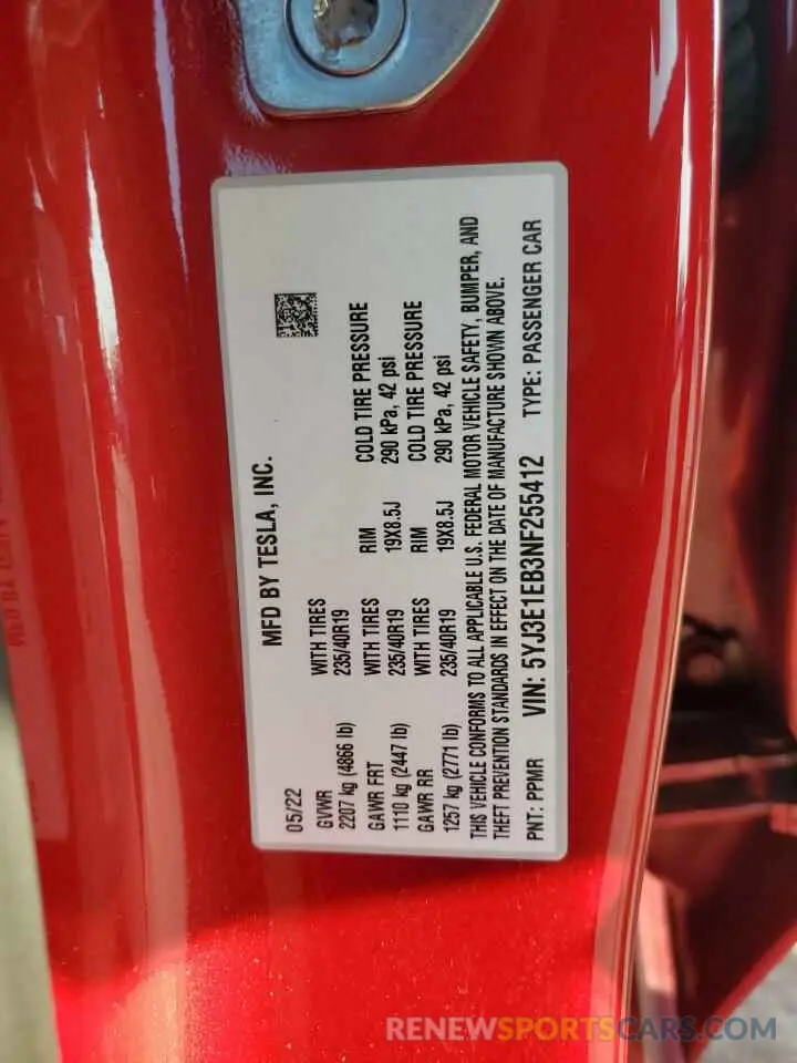 12 Photograph of a damaged car 5YJ3E1EB3NF255412 TESLA MODEL 3 2022