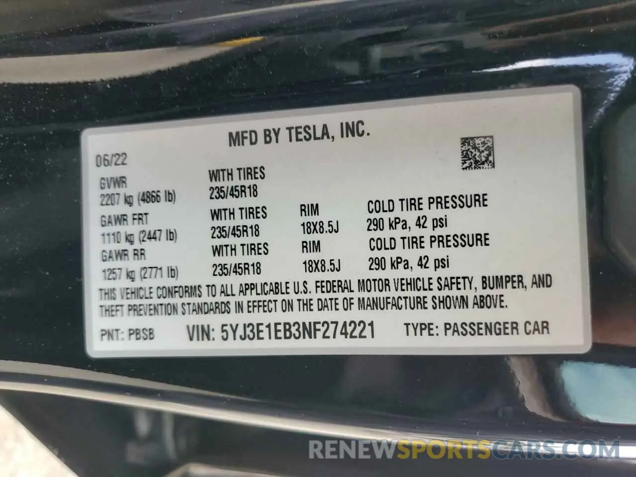 12 Photograph of a damaged car 5YJ3E1EB3NF274221 TESLA MODEL 3 2022