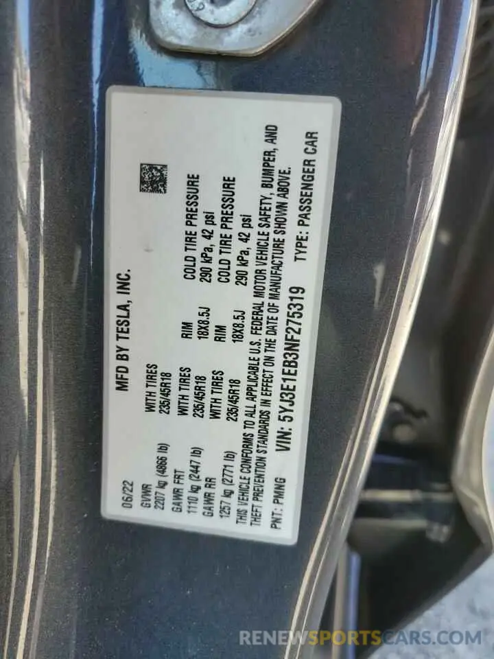 12 Photograph of a damaged car 5YJ3E1EB3NF275319 TESLA MODEL 3 2022