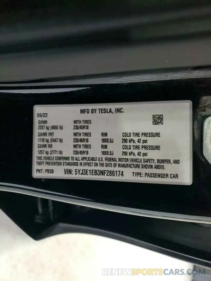 12 Photograph of a damaged car 5YJ3E1EB3NF286174 TESLA MODEL 3 2022