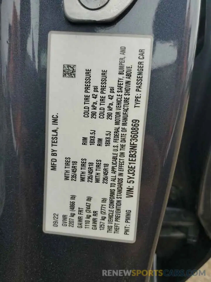 12 Photograph of a damaged car 5YJ3E1EB3NF360869 TESLA MODEL 3 2022