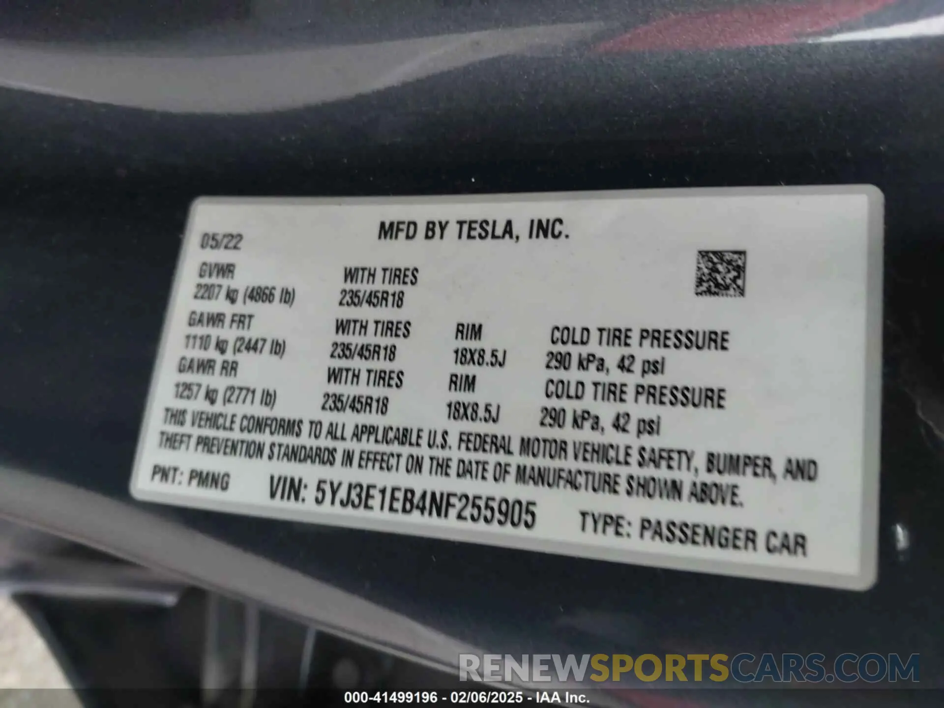 9 Photograph of a damaged car 5YJ3E1EB4NF255905 TESLA MODEL 3 2022