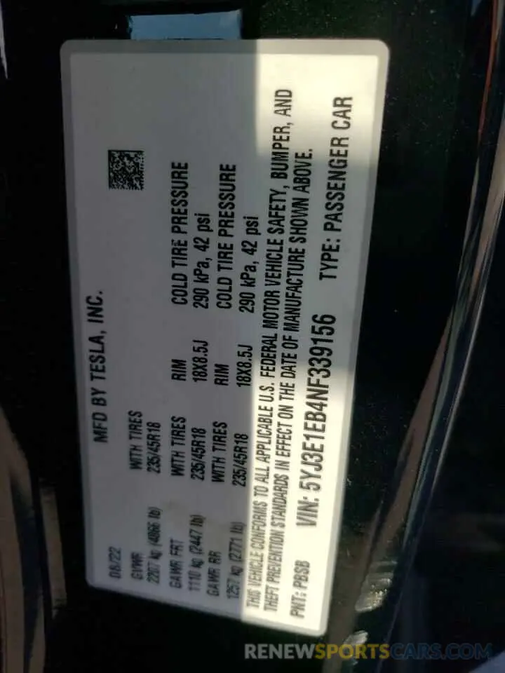 12 Photograph of a damaged car 5YJ3E1EB4NF339156 TESLA MODEL 3 2022