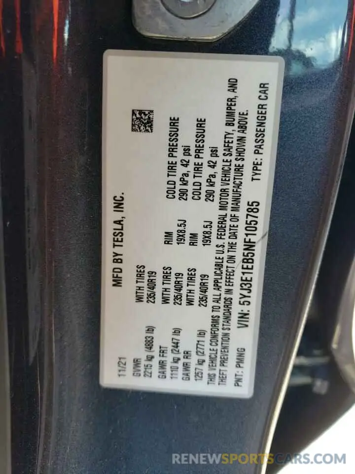 12 Photograph of a damaged car 5YJ3E1EB5NF105785 TESLA MODEL 3 2022