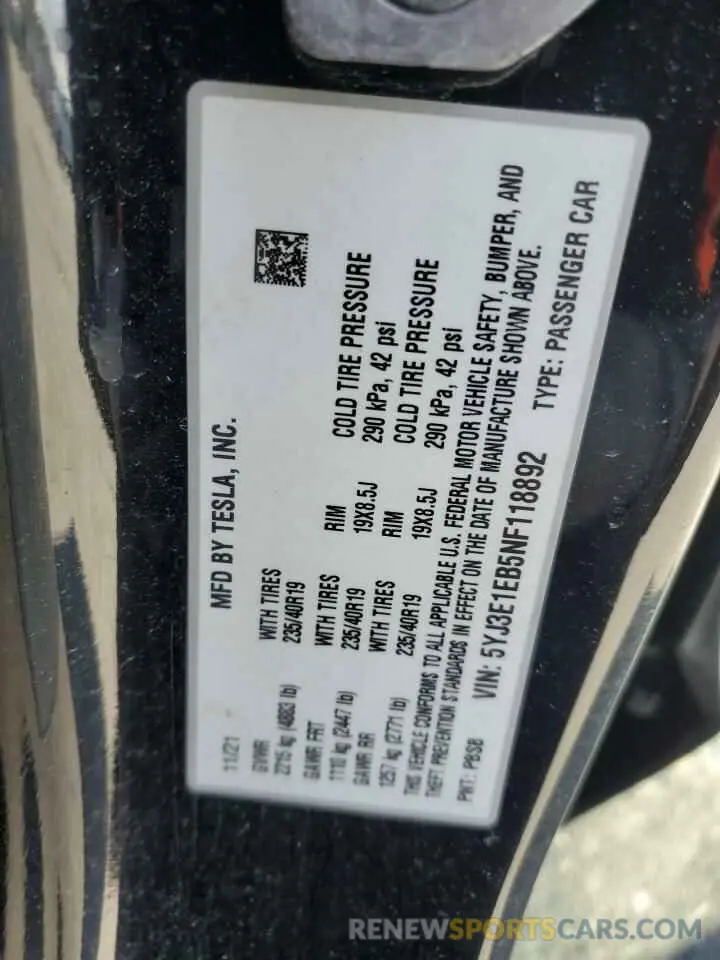 12 Photograph of a damaged car 5YJ3E1EB5NF118892 TESLA MODEL 3 2022