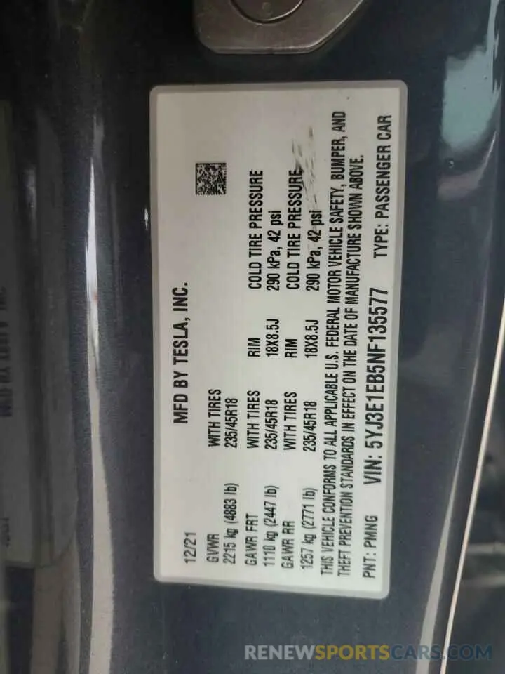13 Photograph of a damaged car 5YJ3E1EB5NF135577 TESLA MODEL 3 2022