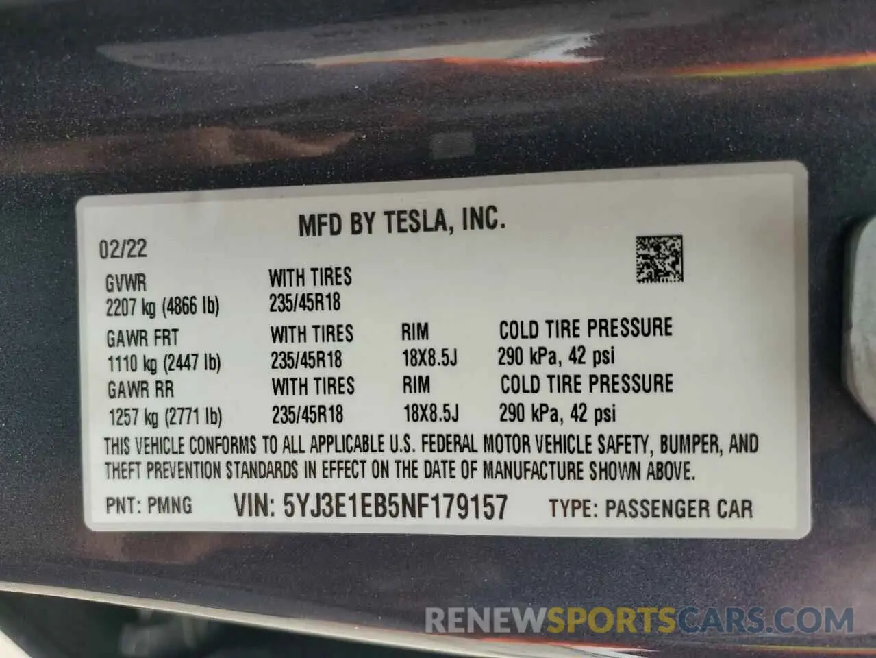 12 Photograph of a damaged car 5YJ3E1EB5NF179157 TESLA MODEL 3 2022