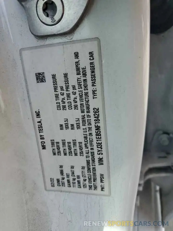 14 Photograph of a damaged car 5YJ3E1EB5NF184262 TESLA MODEL 3 2022