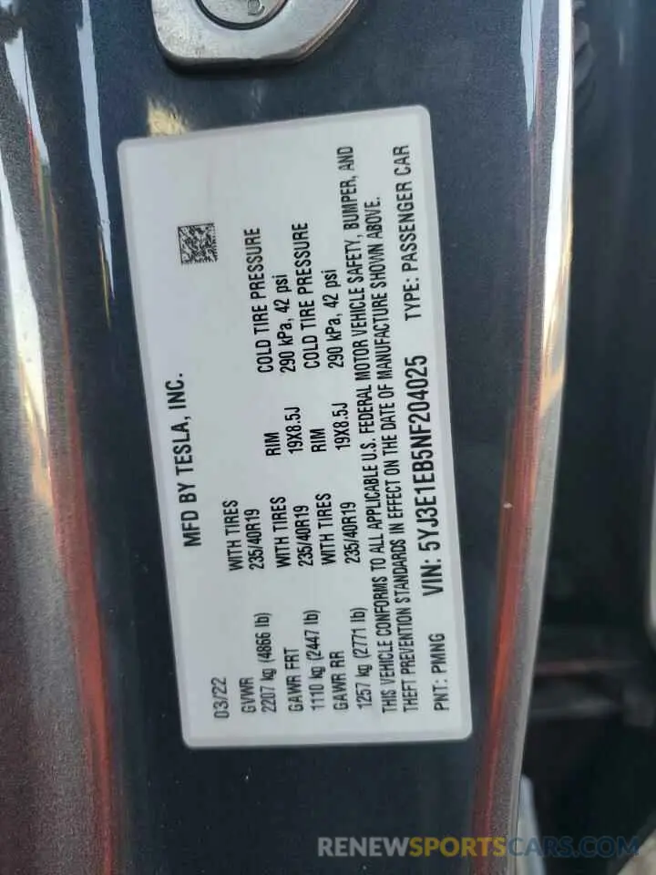 12 Photograph of a damaged car 5YJ3E1EB5NF204025 TESLA MODEL 3 2022