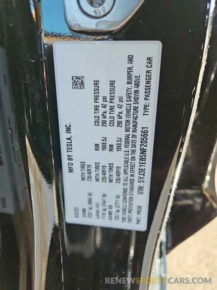 13 Photograph of a damaged car 5YJ3E1EB5NF205661 TESLA MODEL 3 2022