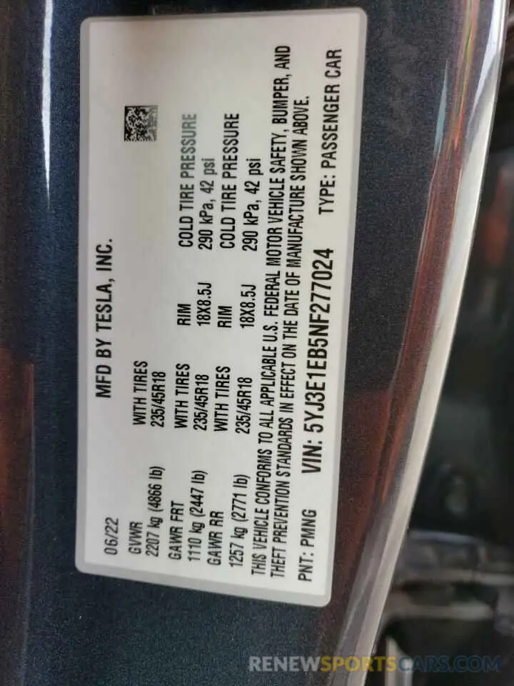 12 Photograph of a damaged car 5YJ3E1EB5NF277024 TESLA MODEL 3 2022