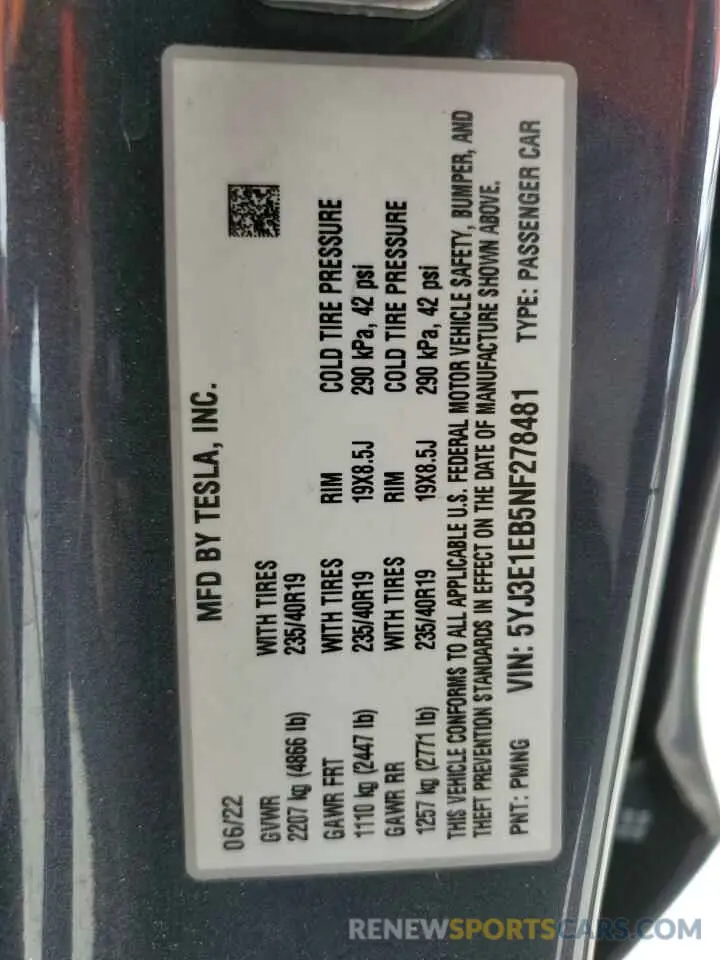 15 Photograph of a damaged car 5YJ3E1EB5NF278481 TESLA MODEL 3 2022