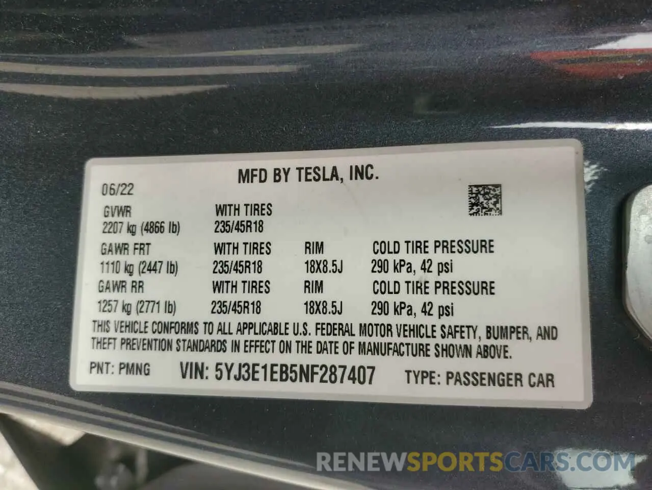12 Photograph of a damaged car 5YJ3E1EB5NF287407 TESLA MODEL 3 2022