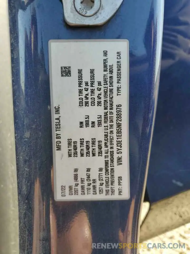 12 Photograph of a damaged car 5YJ3E1EB5NF288976 TESLA MODEL 3 2022