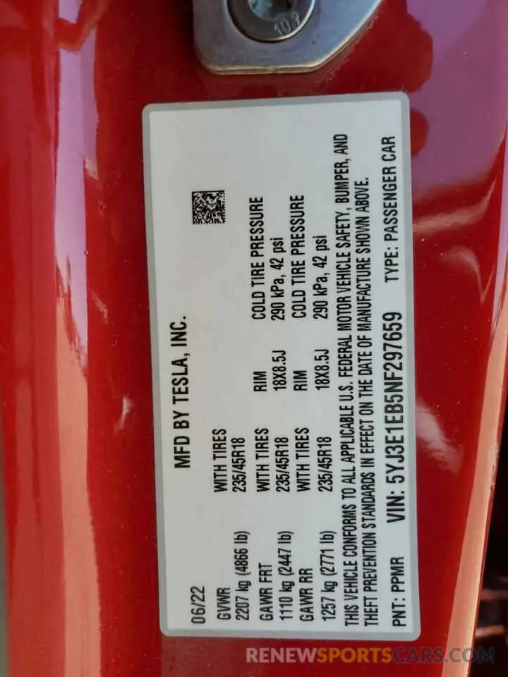 12 Photograph of a damaged car 5YJ3E1EB5NF297659 TESLA MODEL 3 2022
