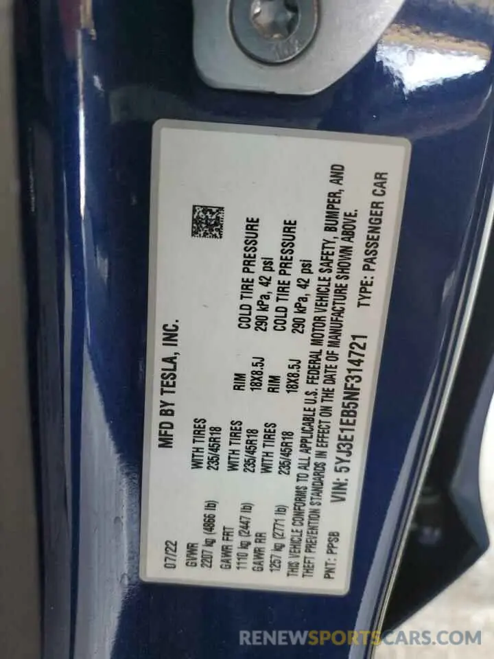 13 Photograph of a damaged car 5YJ3E1EB5NF314721 TESLA MODEL 3 2022