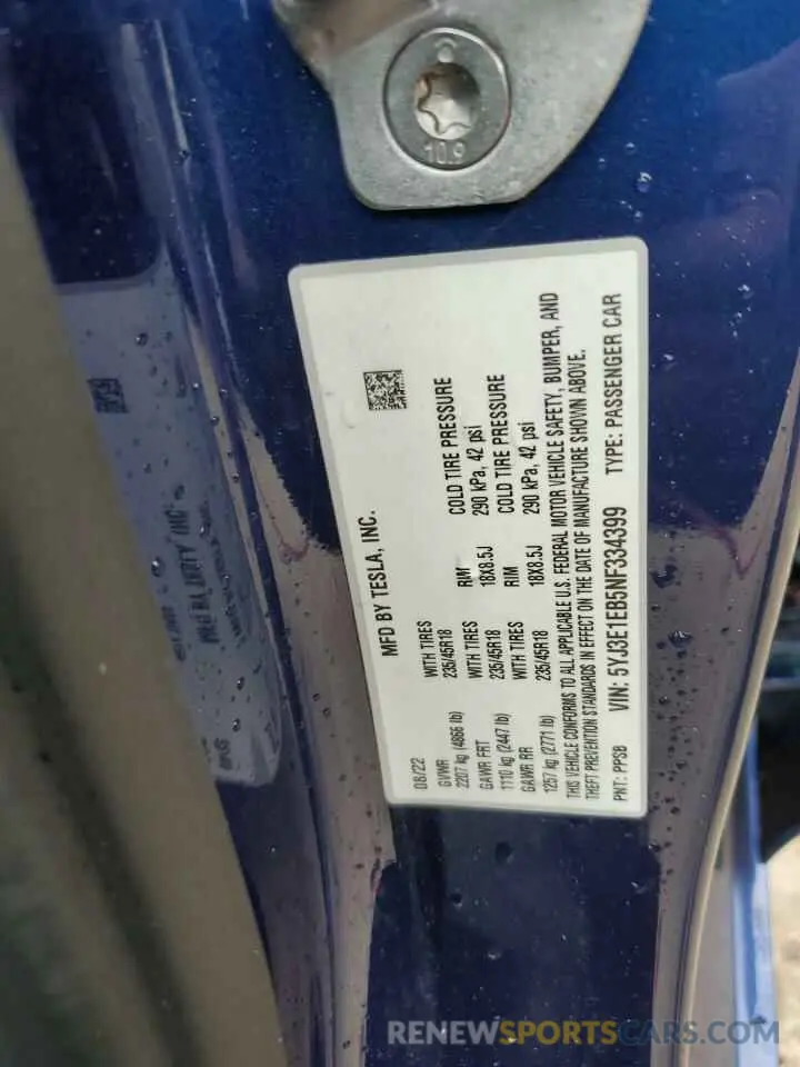 14 Photograph of a damaged car 5YJ3E1EB5NF334399 TESLA MODEL 3 2022