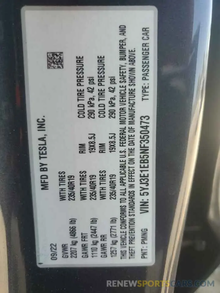 13 Photograph of a damaged car 5YJ3E1EB5NF350473 TESLA MODEL 3 2022