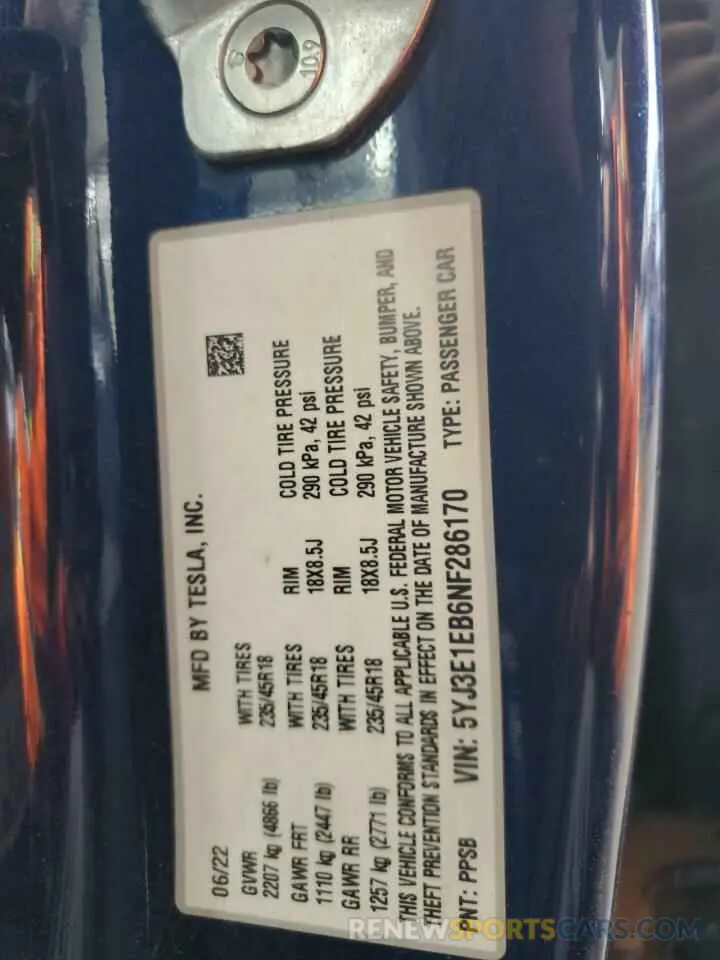 13 Photograph of a damaged car 5YJ3E1EB6NF286170 TESLA MODEL 3 2022