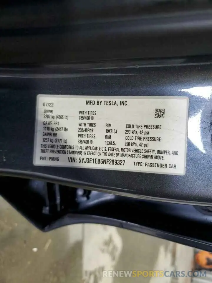 12 Photograph of a damaged car 5YJ3E1EB6NF289327 TESLA MODEL 3 2022