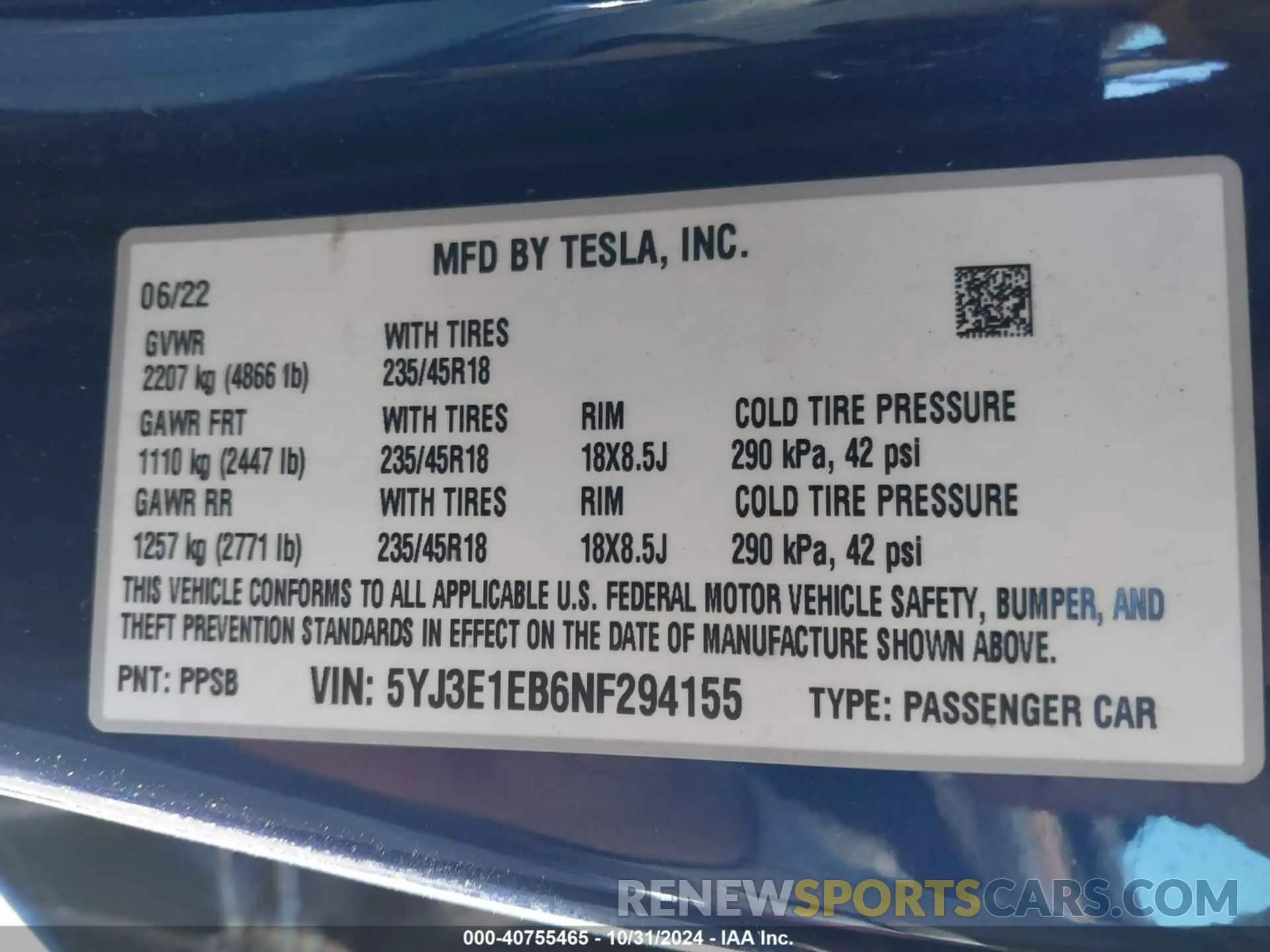 9 Photograph of a damaged car 5YJ3E1EB6NF294155 TESLA MODEL 3 2022